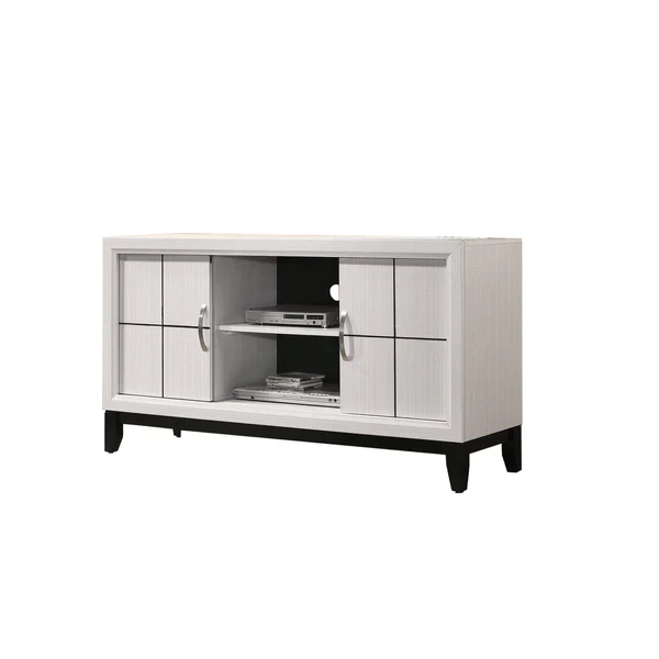 Wooden TV Stand with 2 Drawers and 2 Open Compartments, White and Black By Benzara