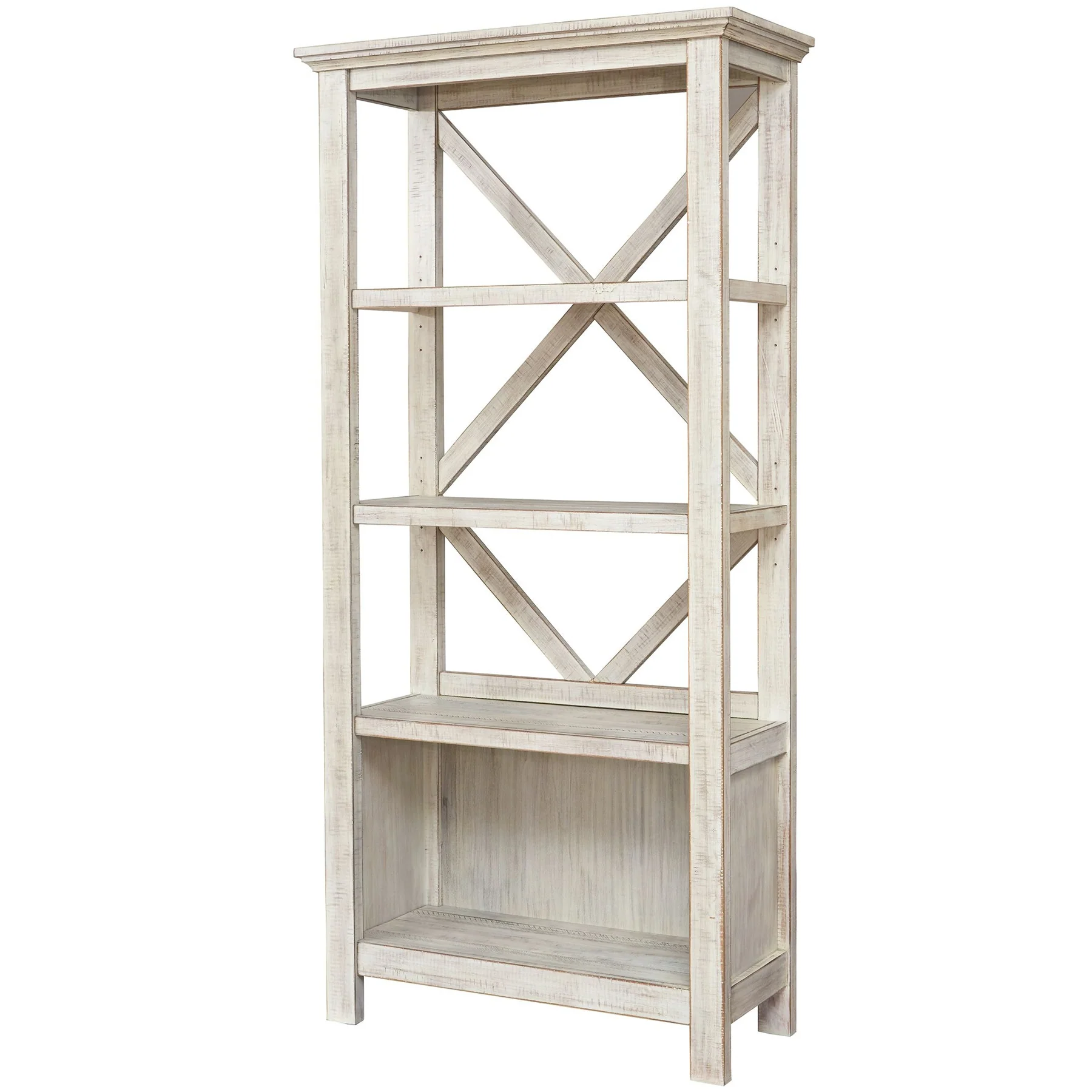 X Shape Back Bookcase With 3 Open Shelves And 1 Open Compartment, White By Benzara