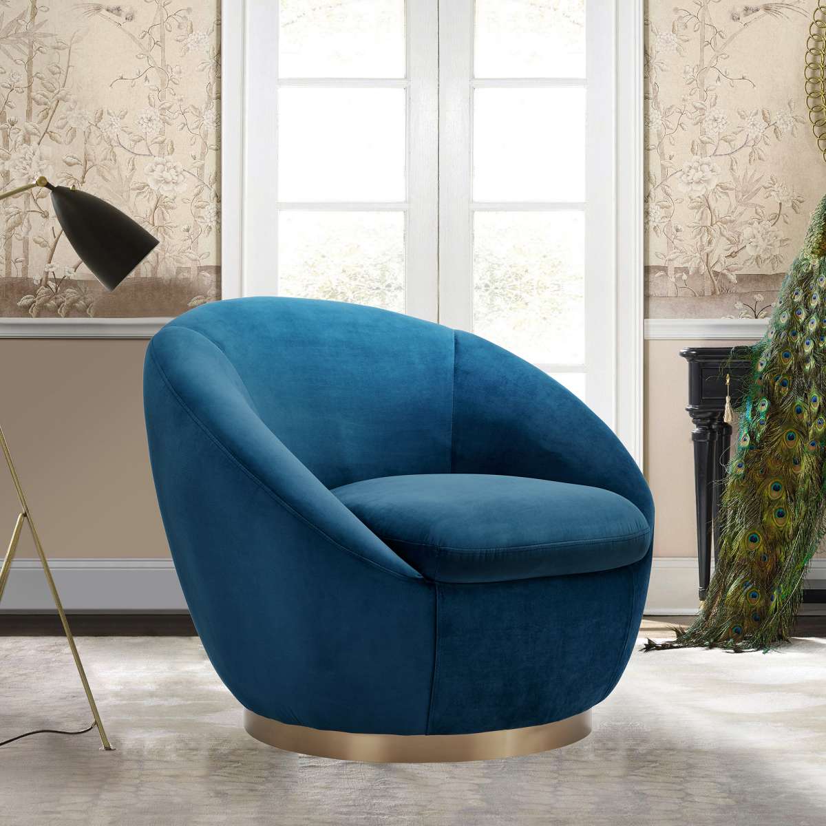 Yves Navy Velvet Swivel Accent Chair with Gold Base By Armen Living