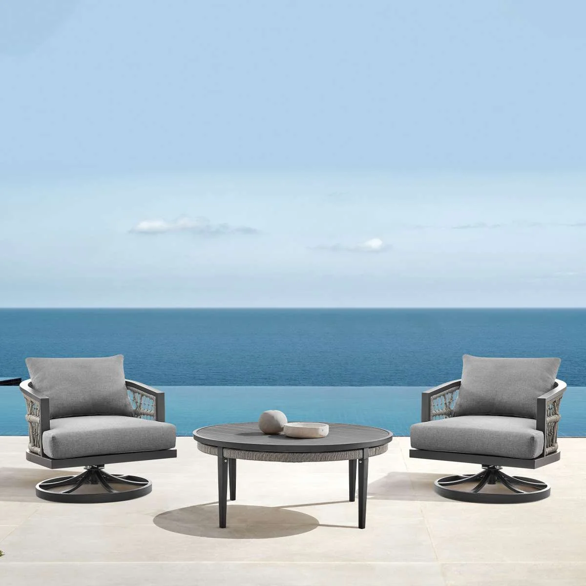 Zella Outdoor Patio 3 Piece Swivel Seating Set in Aluminum with Light Gray Rope and Cushions By Armen Living