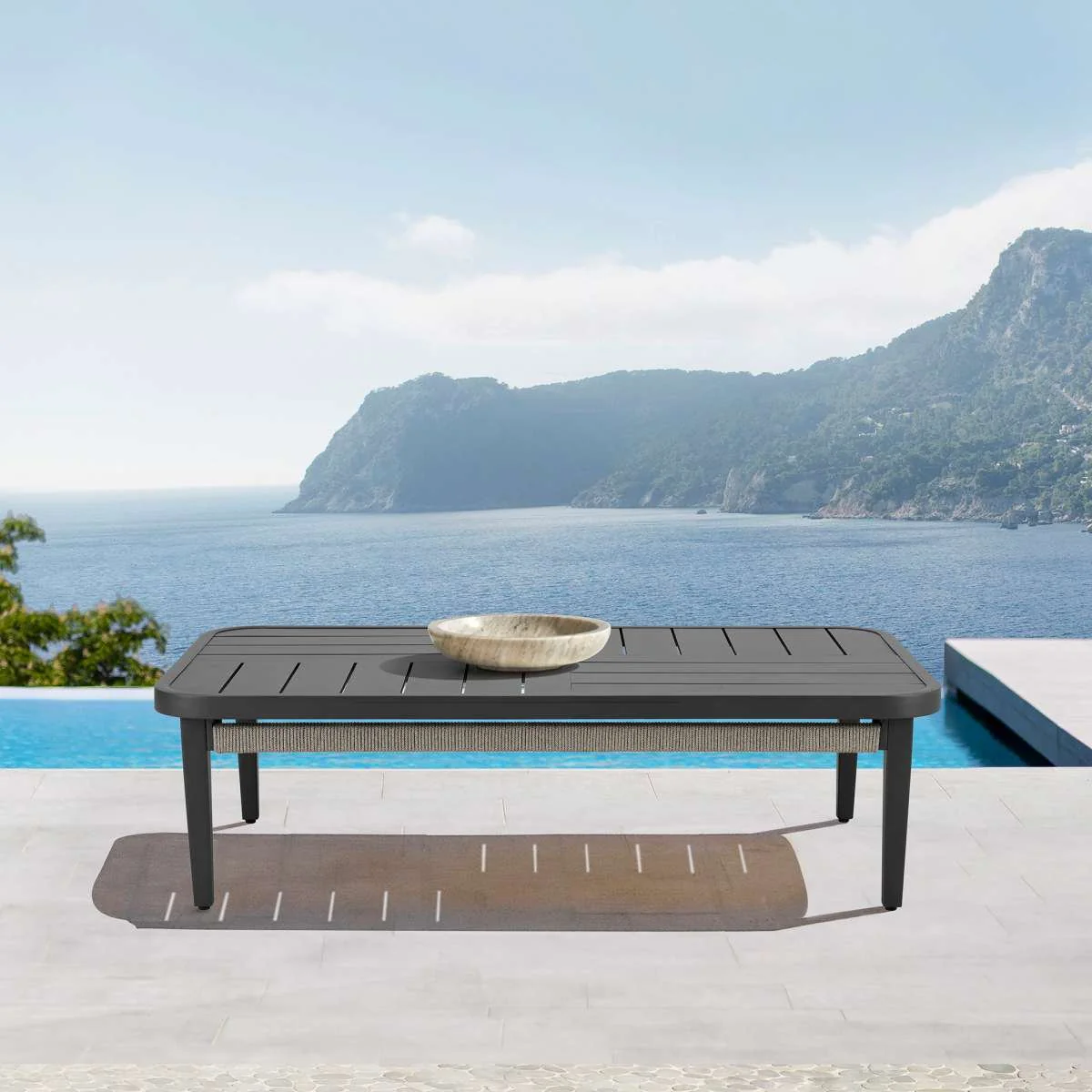 Zella Rectangular Coffee Table in Aluminum with Charcoal Finish and Light Gray Rope By Armen Living
